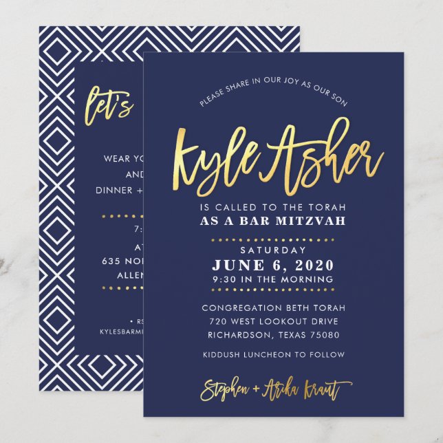 Invitación Bar personalizado Mitzvah marina moderna + dorado  (Anverso / Reverso)