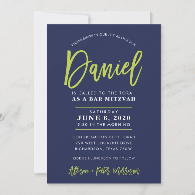 Invitación Bar personalizado Mitzvah marina moderna + lime DA (Anverso)