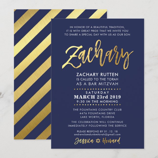 Invitación Bar personalizado Mitzvah marina moderna + ZACHARY (Anverso / Reverso)