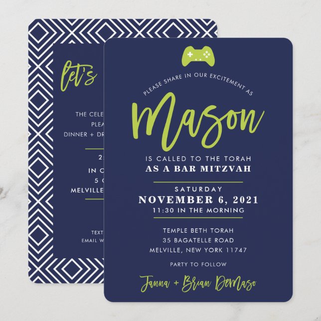 Invitación Bar personalizado Mitzvah moderna marina de juegos (Anverso / Reverso)