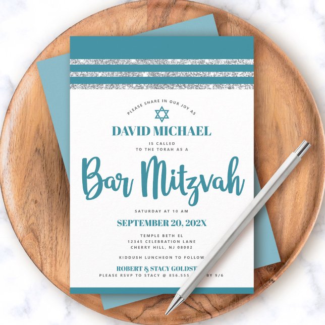 Invitación Bar plateado verde azulado Mitzvah Tallit Simple M (Subido por el creador)