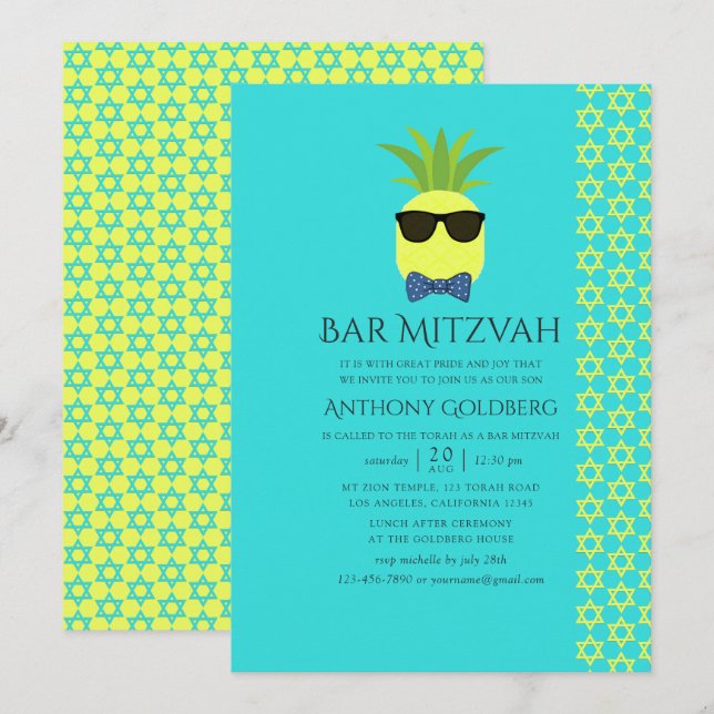 Invitación Bar trópico de verano turquesa y limón Mitzvah (Anverso / Reverso)