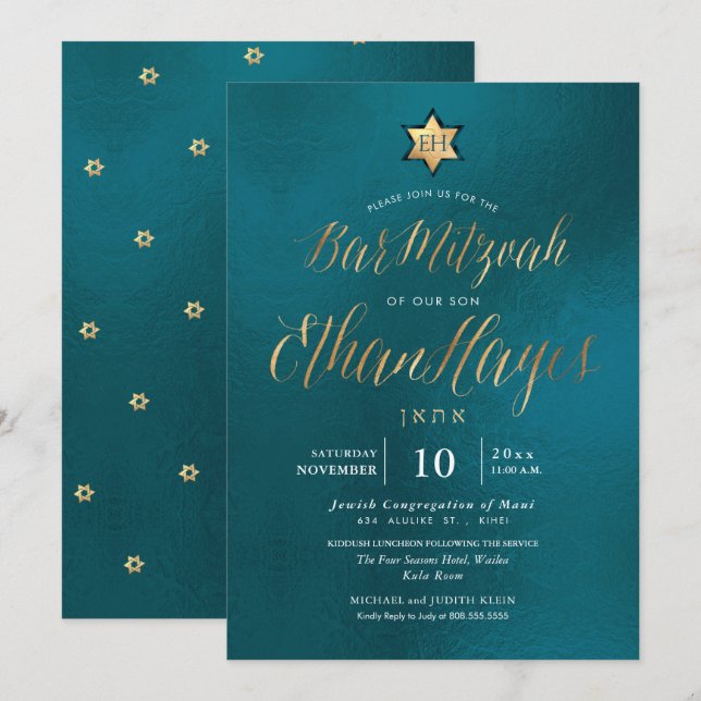 Invitación Bar Verde azulado Minimalista de PixDezines Mitzva (Anverso / Reverso)