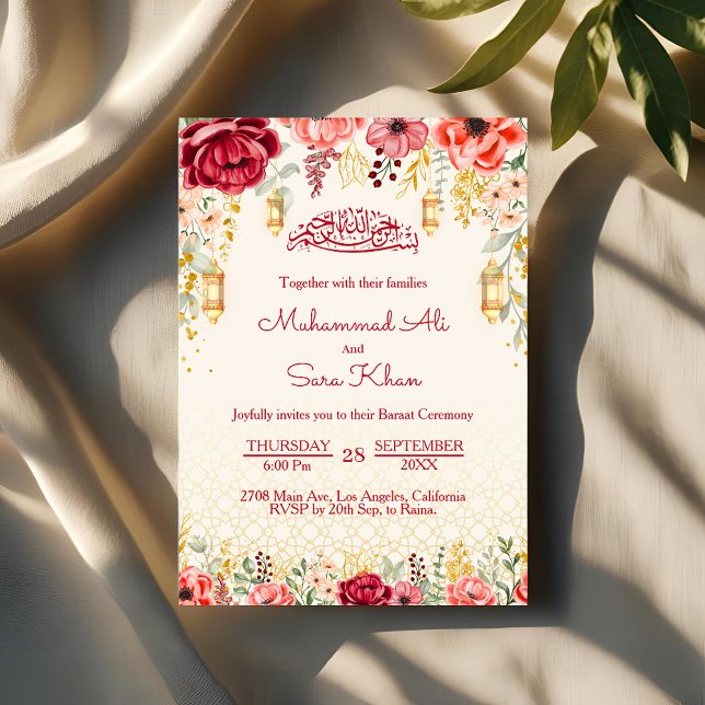 Invitación Baraat floral mínimo Boda musulmán rojo Nikkah (Subido por el creador)
