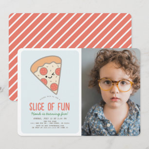Invitación Baraja de divertida pizza Kawaii foto azul niño cu