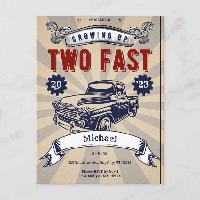 Invitación barata de cumpleaños de 2 años Two Fast (Anverso)