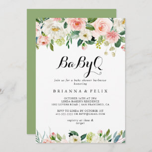 Invitación Barbacoa Baby Shower Bebé verde floral simple