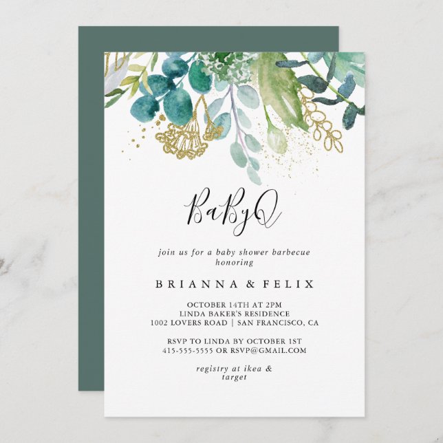 Invitación Barbacoa Baby Shower con BabyQ Tropical Gold Flora (Anverso / Reverso)