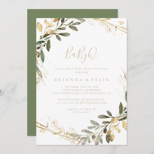 Invitación Barbacoa Baby Shower de Geometric Gold Green BabyQ (Anverso / Reverso)