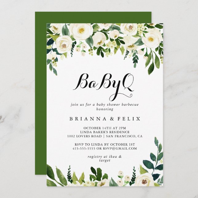 Invitación Barbacoa Baby Shower de Green Floral White (Anverso / Reverso)