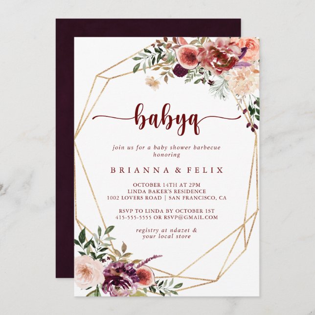 Invitación Barbacoa Baby Shower Gold Geometric Floral BabyQ (Anverso / Reverso)