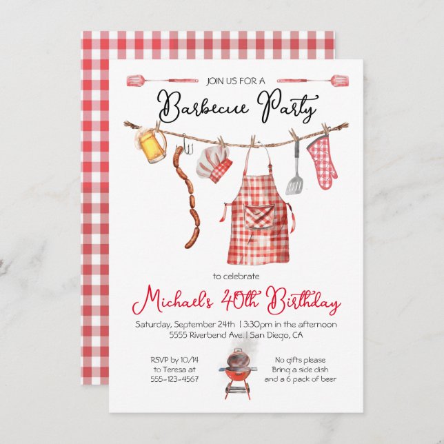 Invitación Barbacoa BBQ Cumpleaños rojo Gingham (Anverso / Reverso)