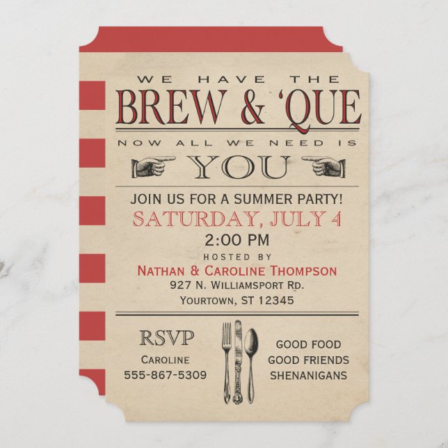 Invitación Barbacoa | Brew & 'Que Summer Party Invitation' (Anverso / Reverso)