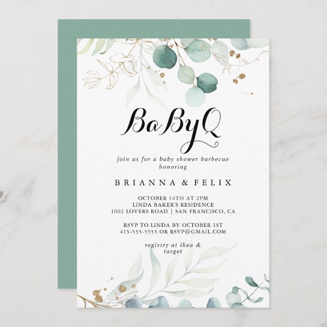 Invitación Barbacoa de Baby Shower Rustic Gold Floral BabyQ (Anverso / Reverso)