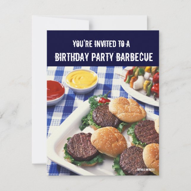 Invitación Barbacoa de fiesta de cumpleaños, hamburguesas (Anverso)