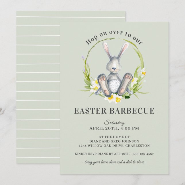 Invitación Barbacoa de Pascua Cute Bunny Floral (Anverso / Reverso)