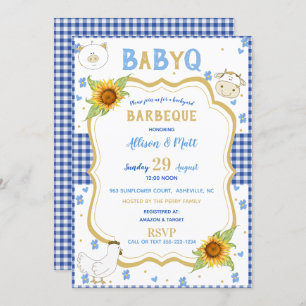 Invitación Barbacoa del Sunflower Blue Gingham Baby Q
