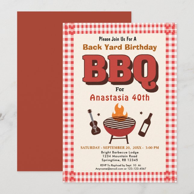 Invitación Barbacoa Red BBQ País Western BackYard Cumpleaños (Anverso / Reverso)