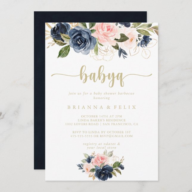 Invitación Barbacoa Rubor Floral Gold BabyQ en Baby Shower (Anverso / Reverso)