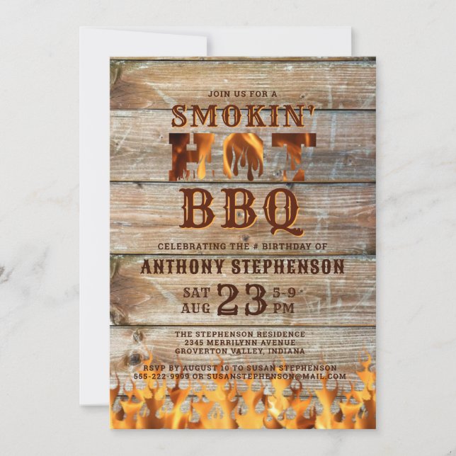 Invitación Barbeque Cumpleaños Wood Smokin Caliente BBQ (Anverso)