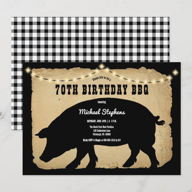 Invitación Barbeque de cumpleaños 70 de Hog rústico - barbaco (Anverso / Reverso)
