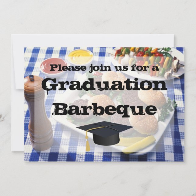 Invitación Barbeque de graduación, hamburguesas en mesa perso (Anverso)