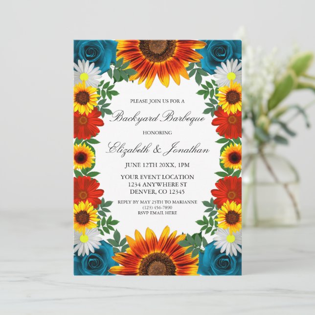 Invitación Barbeque del patio trasero de verano floral (Anverso de pie)
