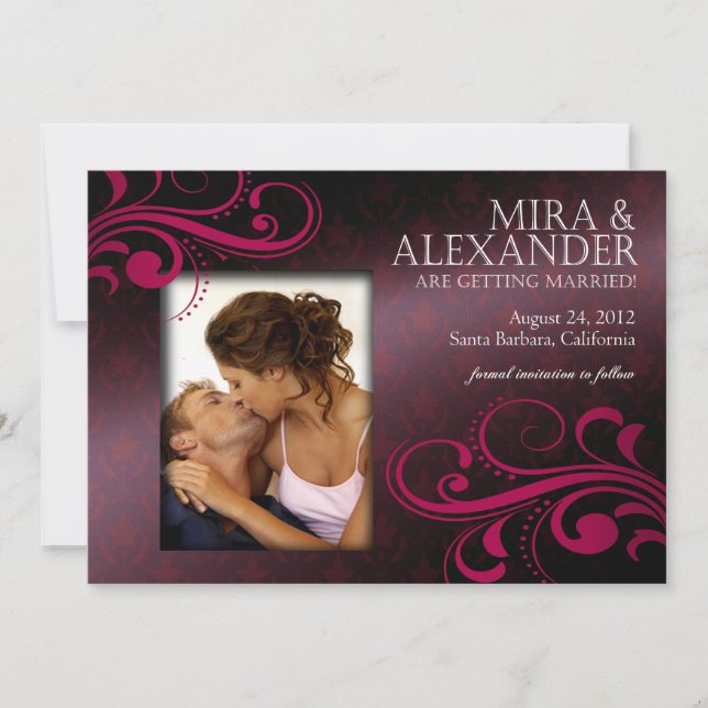 Invitación Barbizon Damask Scroll - berenjena|magenta Boda (Anverso)