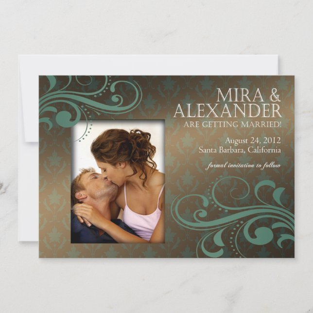 Invitación Barbizon Damask Scroll - marrón|verde aqua Boda (Anverso)