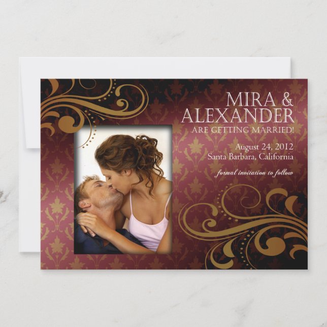 Invitación Barbizon Damask Scroll - rosa dk|Boda oro (Anverso)