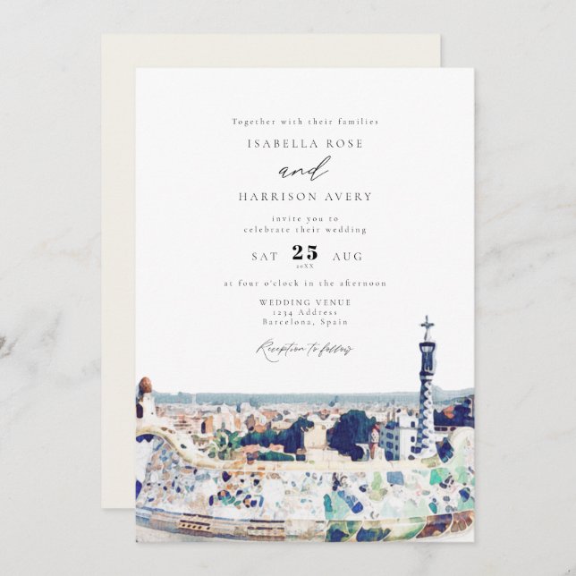 Invitación BARCELONA España Skyline Destination Boda de viaje (Anverso / Reverso)
