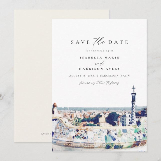 Invitación BARCELONA España Skyline Destination Save the Date (Anverso / Reverso)