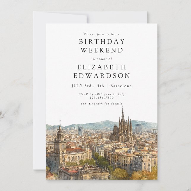 Invitación Barcelona Skyline Watercolor Birthday Weekend (Anverso)