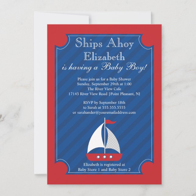 Invitación Barco Ahoy Nautical Sailboat Boy Baby Shower (Anverso)