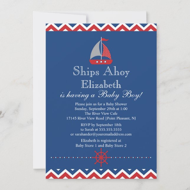 Invitación Barco Ahoy Nautical Sailboat Boy Baby Shower (Anverso)