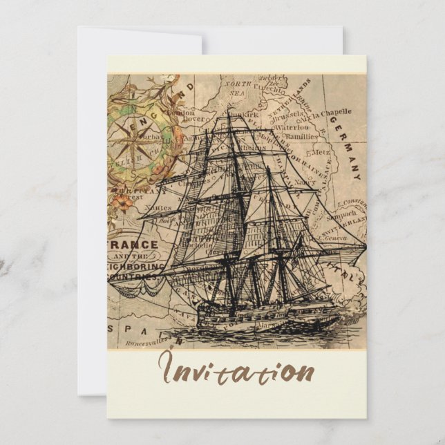 Invitación Barco Antiguo y Mapa (Anverso)