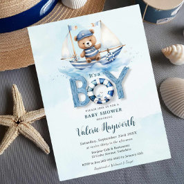 Invitación Barco azul cúbico Teddy Bear Boy Baby Shower