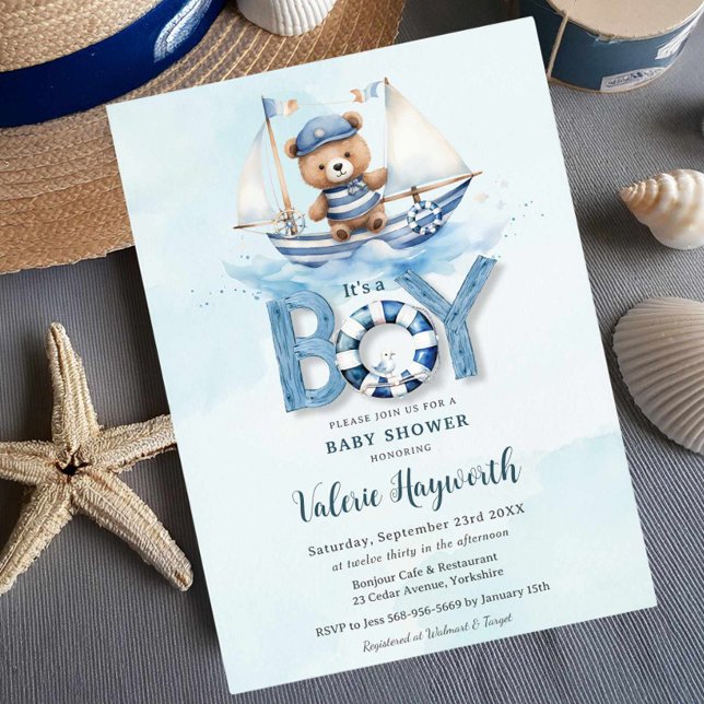 Invitación Barco azul cúbico Teddy Bear Boy Baby Shower (Subido por el creador)