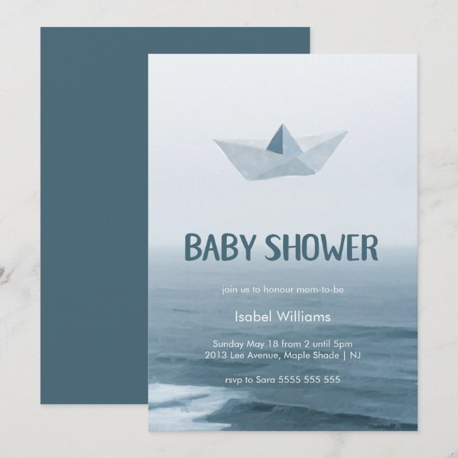 Invitación Barco color de agua en Baby Shower (Anverso / Reverso)