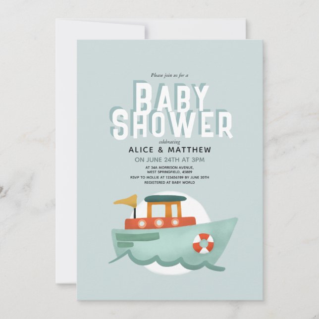 Invitación Barco Cute Blue Ocean Boat Baby Shower (Anverso)