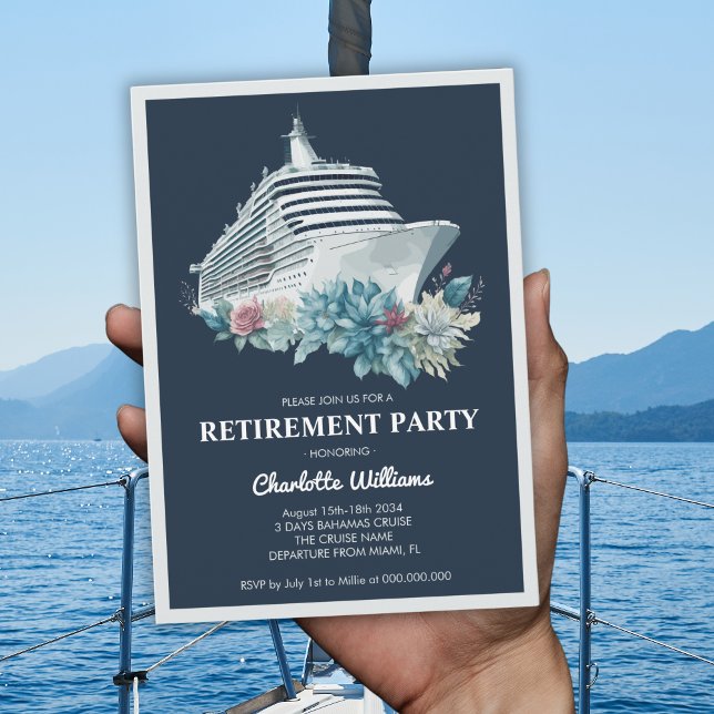Invitación Barco de crucero elegante para Fiestas de Jubilaci (Elegant Women Retirement Party Cruise Ship Invitation)