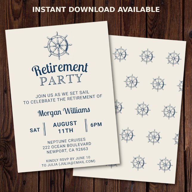 Invitación Barco de Jubilación Fiesta Barco Rueda Náutica (Elegant nautical retirement boat party invitation)