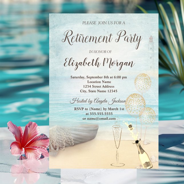 Invitación Barco de playa Faro  Globos,Vino Jubilación  (Subido por el creador)