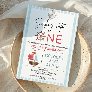 Invitación Barco de vela azul ligero en un primer cumpleaños