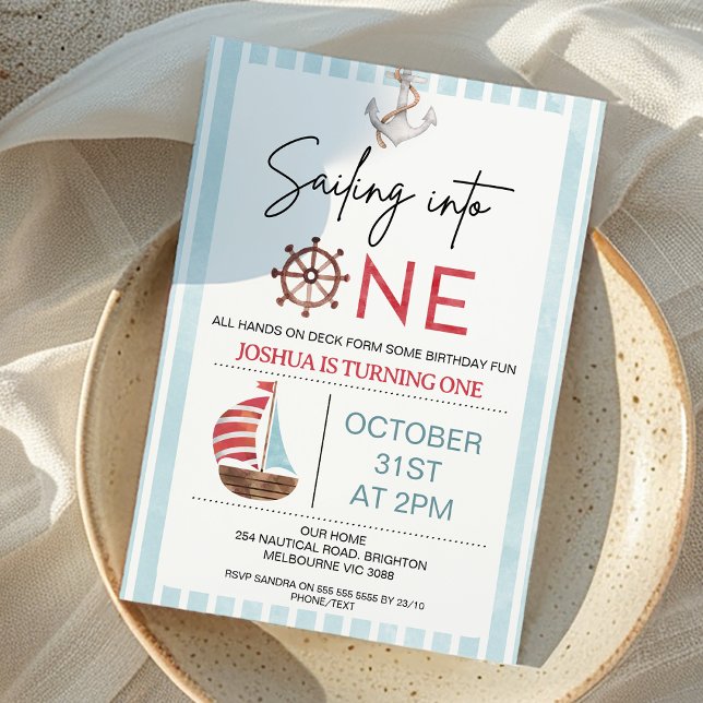 Invitación Barco de vela azul ligero en un primer cumpleaños (Light Blue and Red Sailing into One First Birthday Invitation Nautical Sailing into One 1st Birthday)