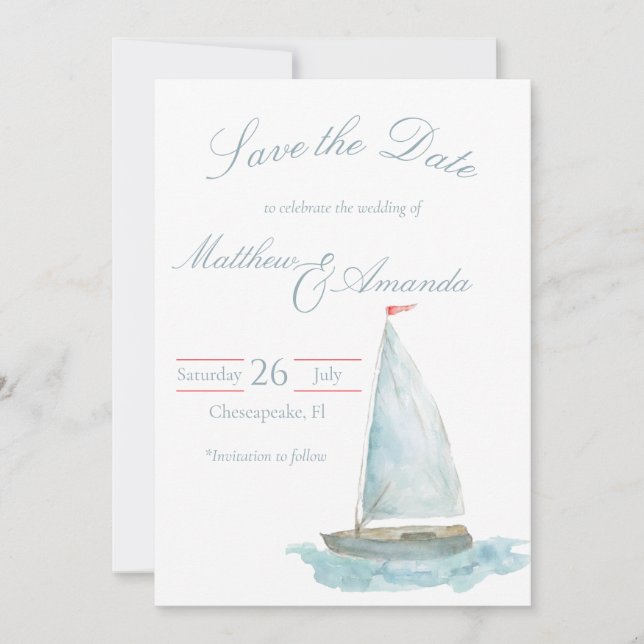 Invitación Barco de Vela de Acuarela Costera Guardar la Fecha (Anverso)
