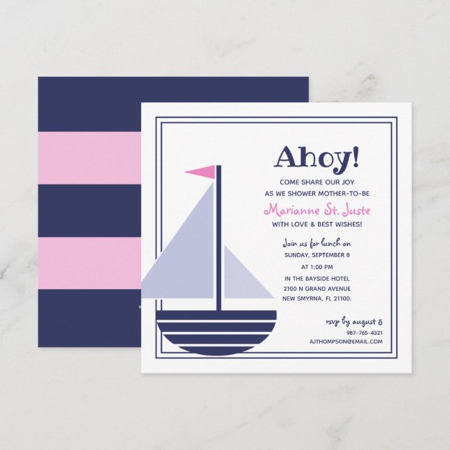 Invitación barco de vela náutico BABY SHOWER chica rosa Invit (Anverso / Reverso)