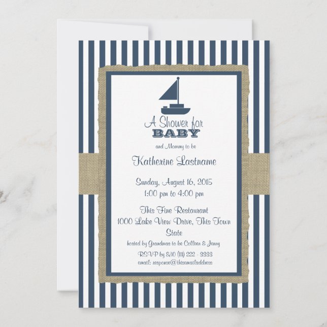 Invitación Barco de vela Navy franjas azules Baby Shower (Reverso)