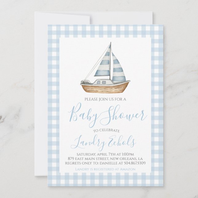 Invitación Barco de vela Preppy Nautical Blue Boy Baby Shower (Anverso)