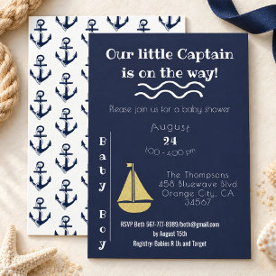 Invitación Barco de Vela y Ancla Azul Marino y Blanco para Ni